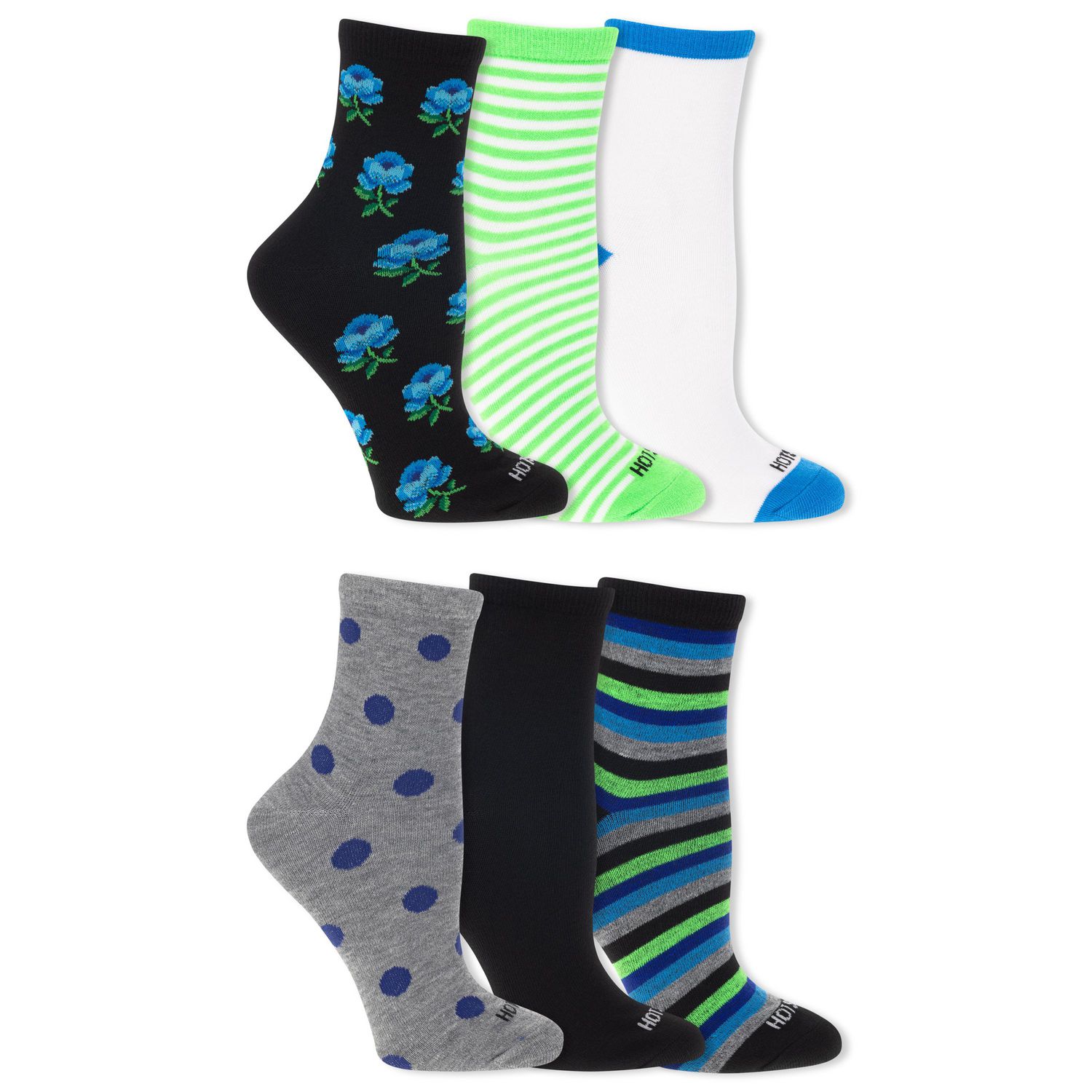 HOTSOX Women's 6 Pair Fashion Mid Crew Socks Size 4-10