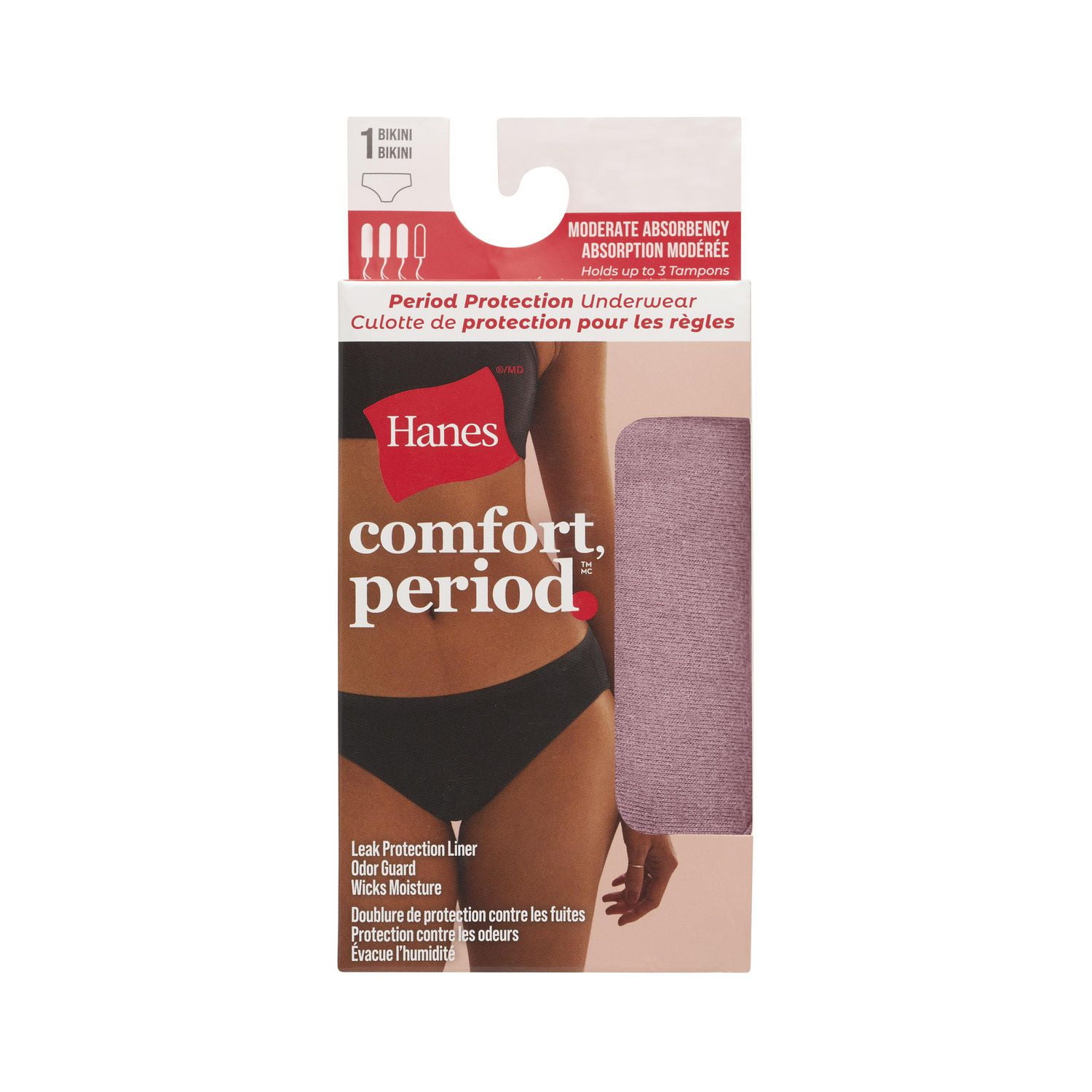 Hanes Comfort, Period. Moderate Leak Bikini, 1-Pack, Sizes S - XL