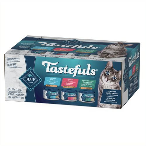 Blue Buffalo Tastefuls Entrées de saumon, de poulet, de poisson de mer et de thon Pâté naturel Nourriture humide pour chats Paquet varié 12x85g
