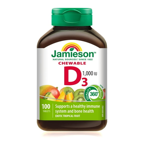 Jamieson Vitamine D3 1 000 UI à Croquer — Saveur Naturelle de Fruits Tropicaux 100 comprimés à croquer
