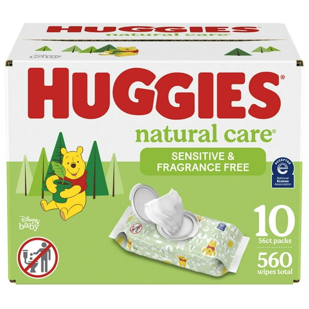 Lingettes pour bébés Huggies Natural Care pour peau sensible, NON PARFUMÉES, 10 emballages à couvercle rabattable, total de 560 lingettes 560 lingettes
