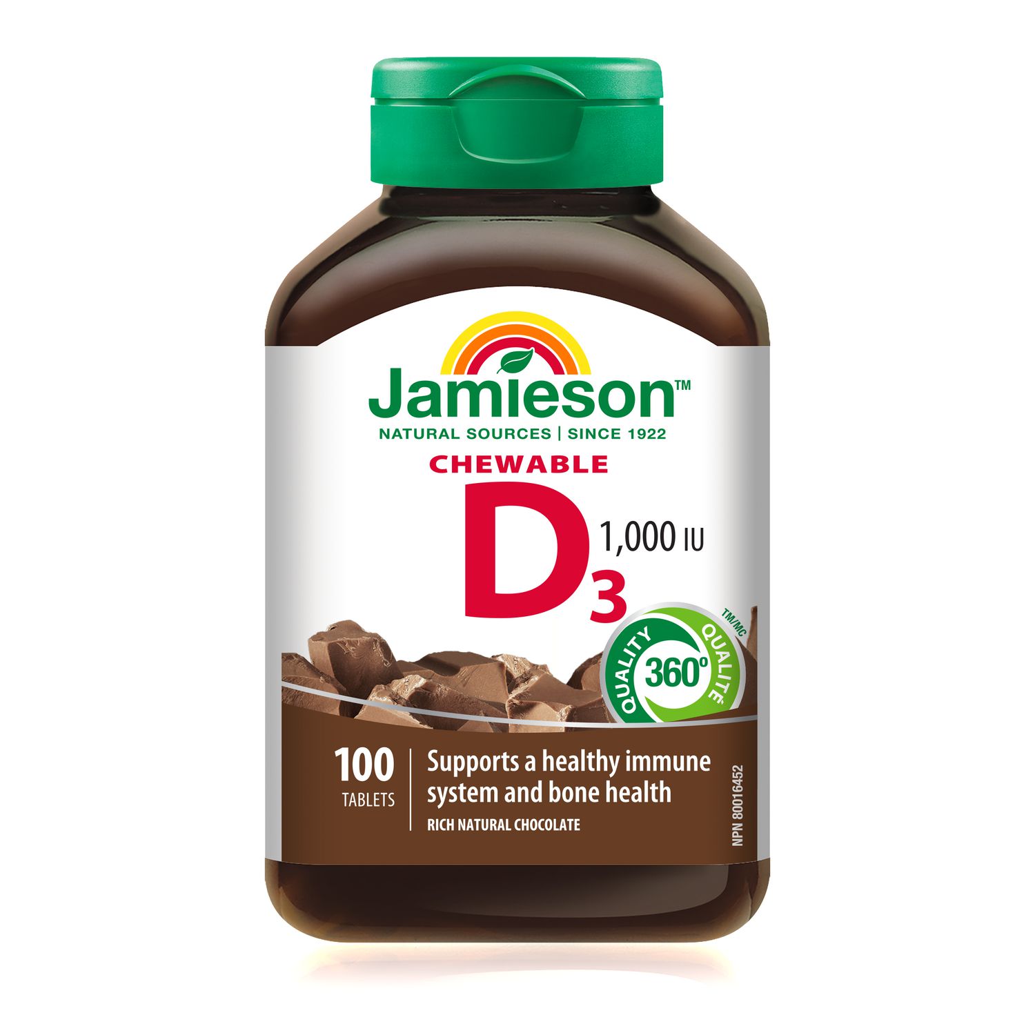 Jamieson Vitamine D3 à Croquer 1 000 UI - Arôme naturel de chocolat