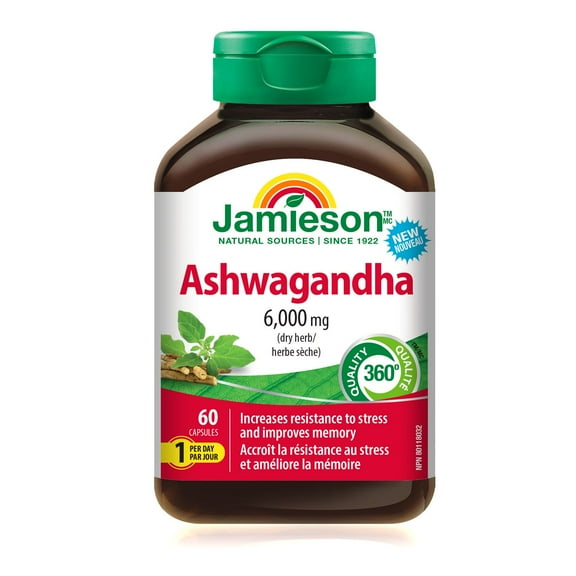 Jamieson Ashwagandha Capsules, 6000 mg, Vegetarian, 60 Count