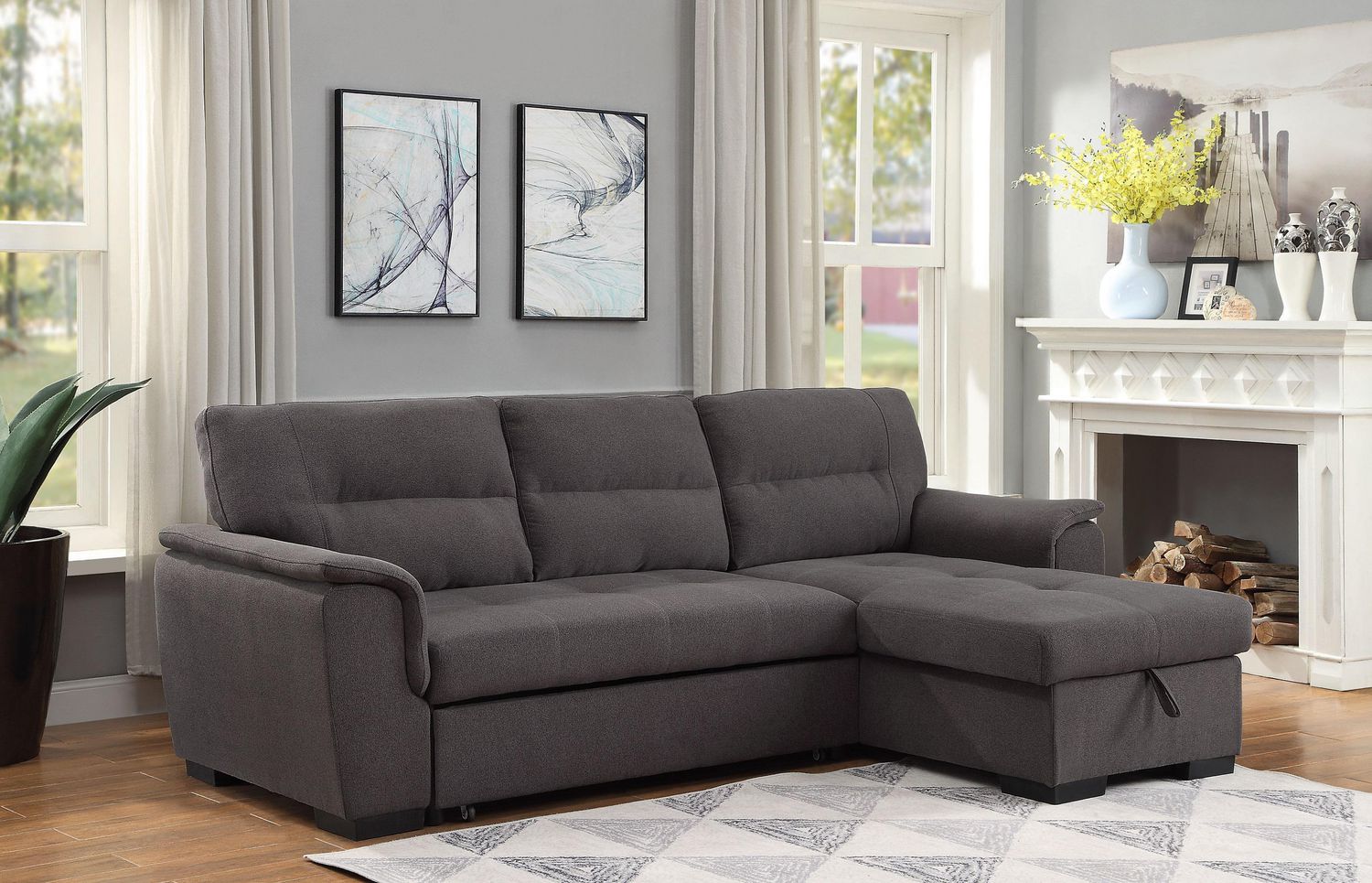 Topline Home Furnishings Dark Grey Sofa Sectional With Pull Out Bed   6000202777164 