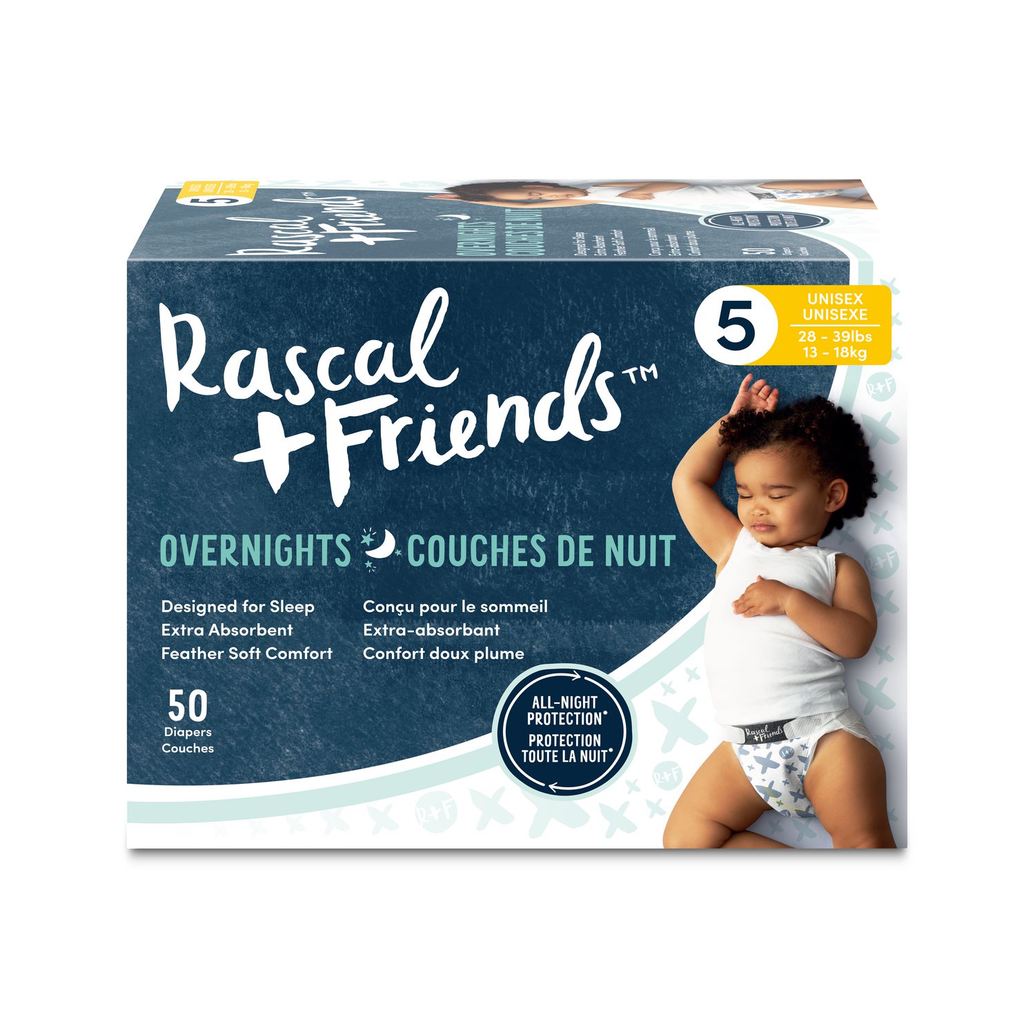 Rascal + Friends Overnights, Nighttime Baby Diapers, Unisex, Sizes 3-6,  42-66 Count