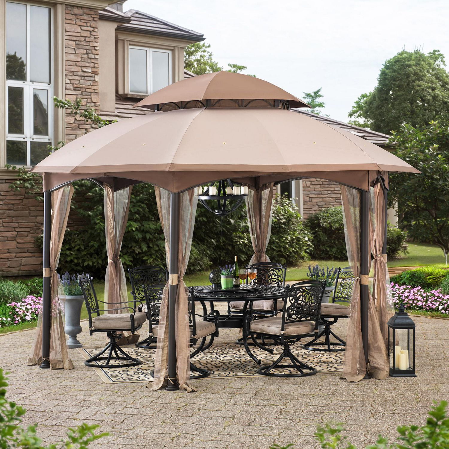 Sunjoy Broadway 13 ft. x 13 ft. Brown Steel Gazebo with 2-tier Tan and ...