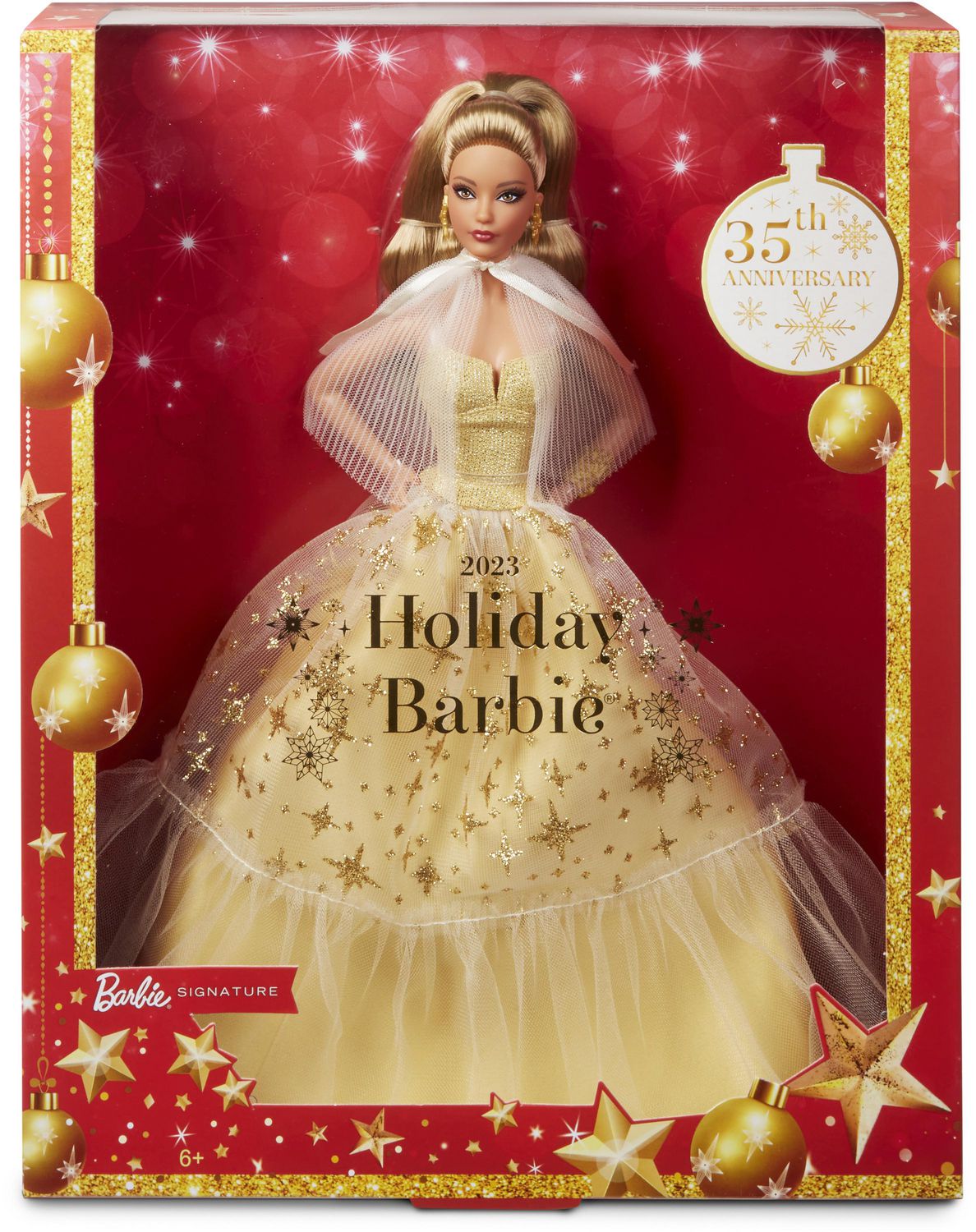 Barbie – Poupée Joyeux Noël 2023, cheveux brun clair, robe dorée Âges 6+ 