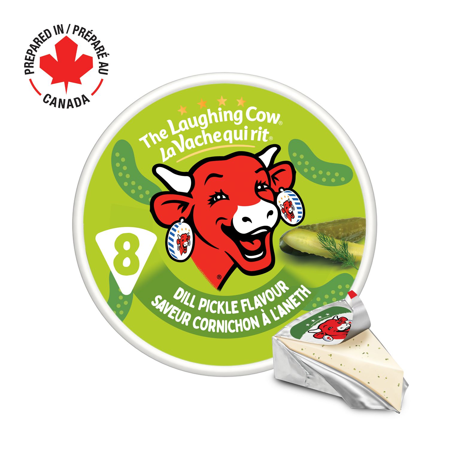 The Laughing Cow, Dill Pickle, Spreadable Cheese 8 individually wrapped wedge portions in branded packaging labeled dill pickle; mild creamy spreadable cheese for crackers, bagels, sandwiches and kid-friendly school snacks, often used as a party dip.