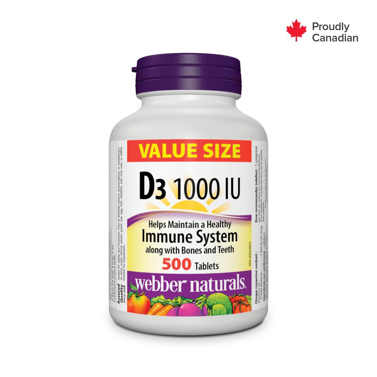 Webber Naturals D3 1000 IU bottle, front-facing studio shot showing white plastic bottle with label reading 'Webber Naturals' and 'D3 1000 IU'; vitamin D3 (cholecalciferol) supplement that helps support immune function and calcium absorption for maintenance of healthy bones and teeth, suitable for vegetarians and free of artificial colours; often included in travel vitamin packs for low-sun months.