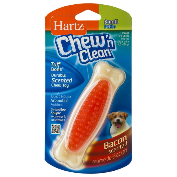 Jouet pour chien Hartz Chew 'n Clean Tuff Bone petit Un jouet à mâcher doté d'une parfum de bacon.