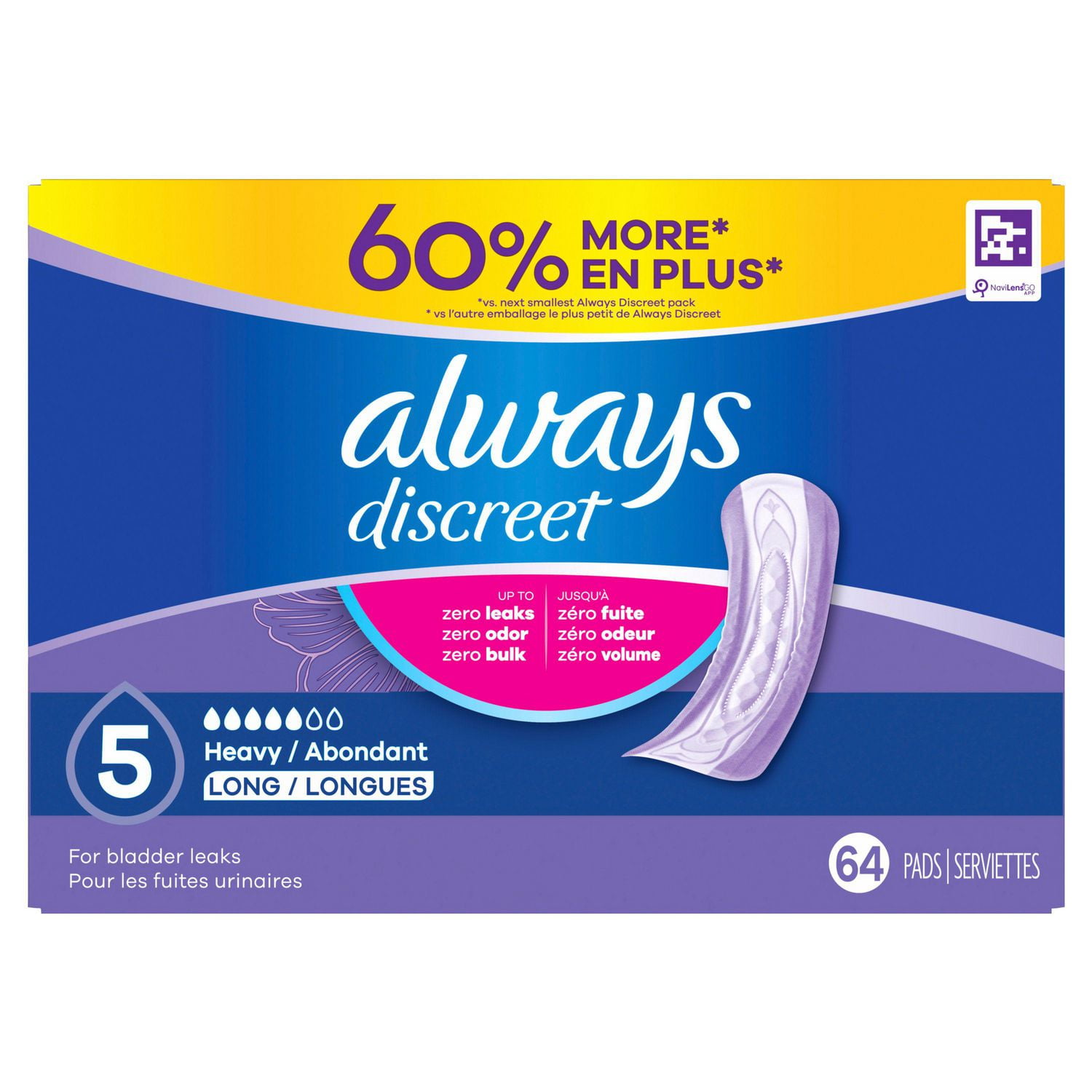 Always Discreet Adult Incontinence Pads for Women, Heavy Absorbency, Long Length, Postpartum Pads, 64CT
