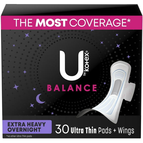 U by Kotex Balance Ultra Thin Overnight Pads with Wings, Extra Heavy Absorbency, 30 Count, UBK PAD 30