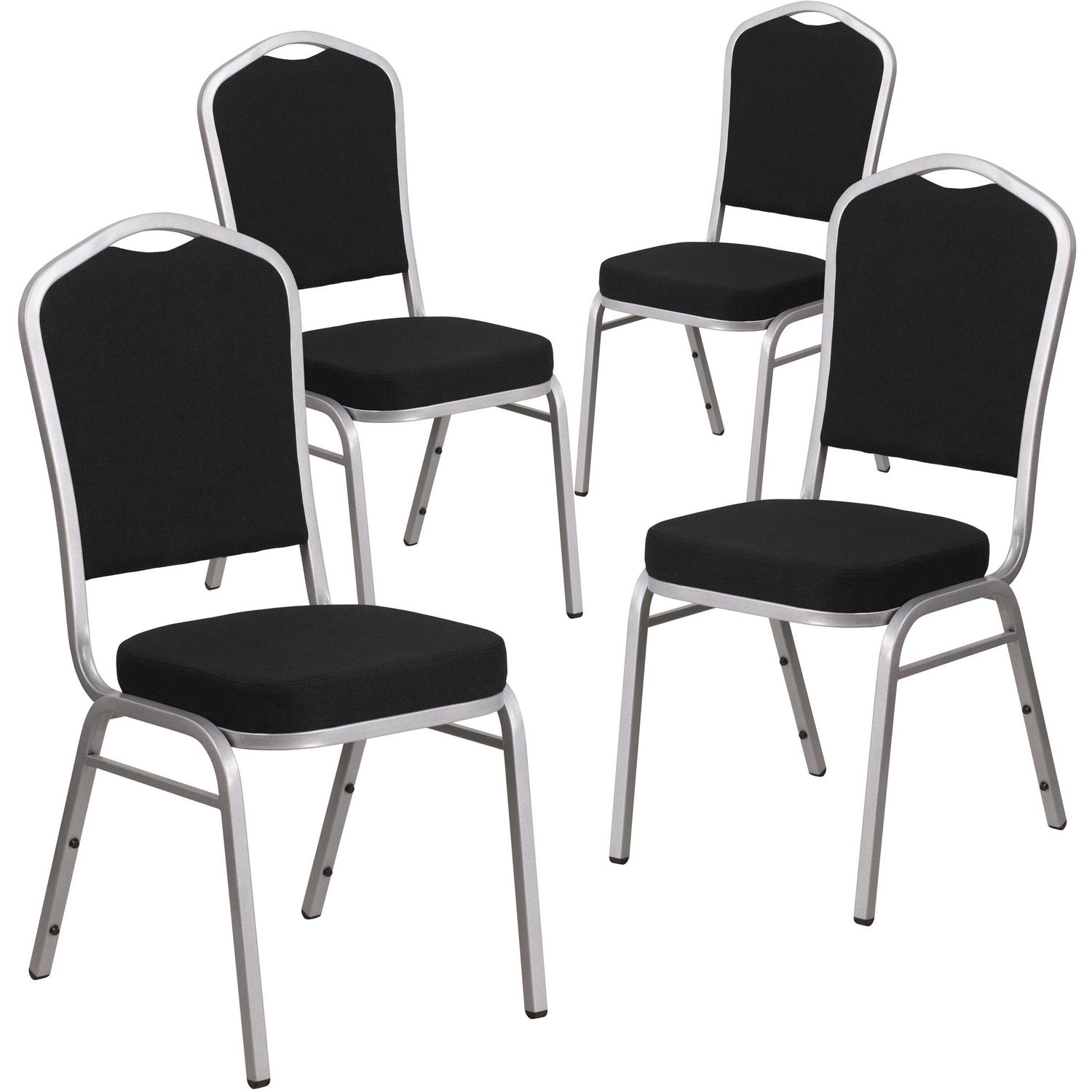 4 Pk. HERCULES Series Crown Back Stacking Banquet Chair in Black Fabric -  Silver Frame 