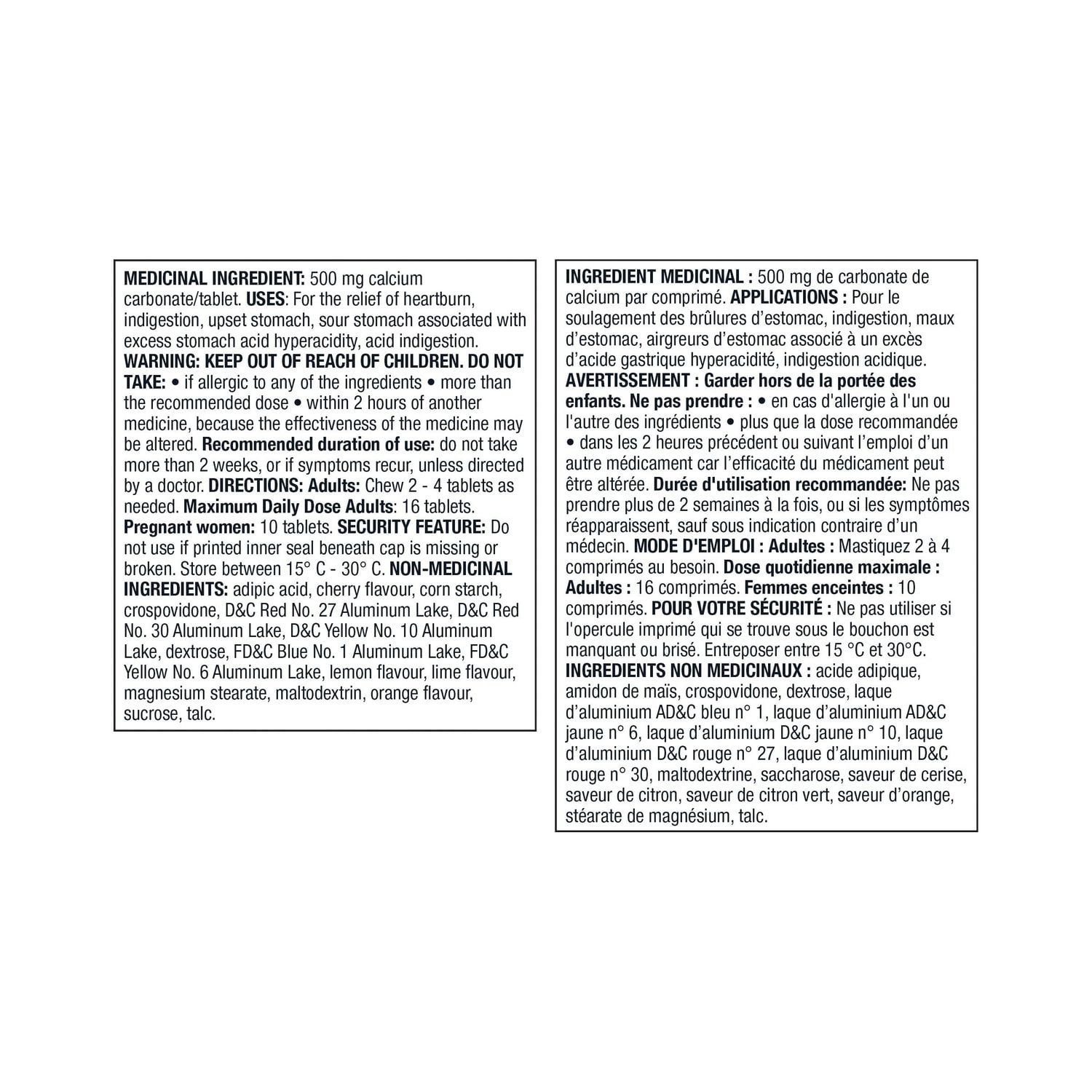 Antiacide comprimés de carbonate de calcium ordinaire Equate