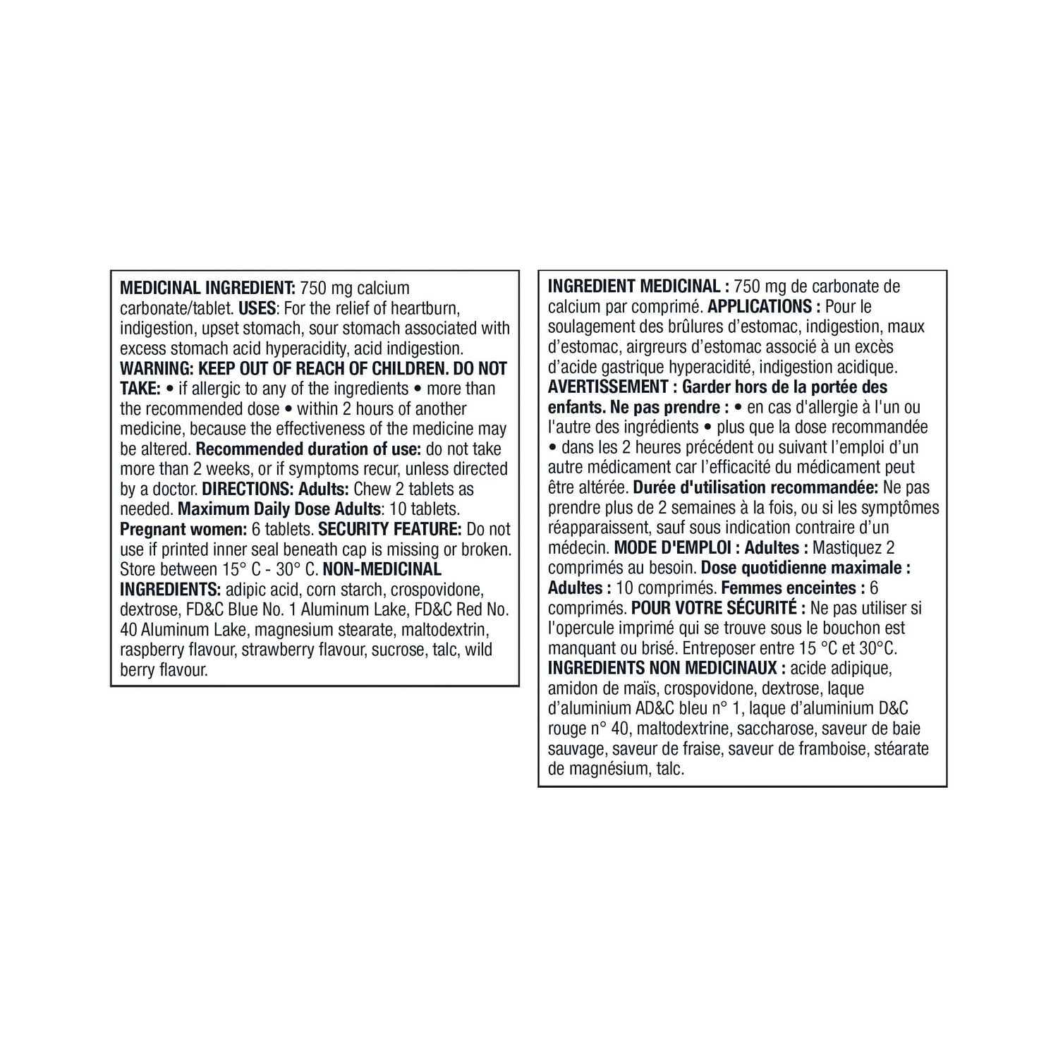 Antiacide comprimés de carbonate de calcium extra fort Equate 100 comprimés croquant