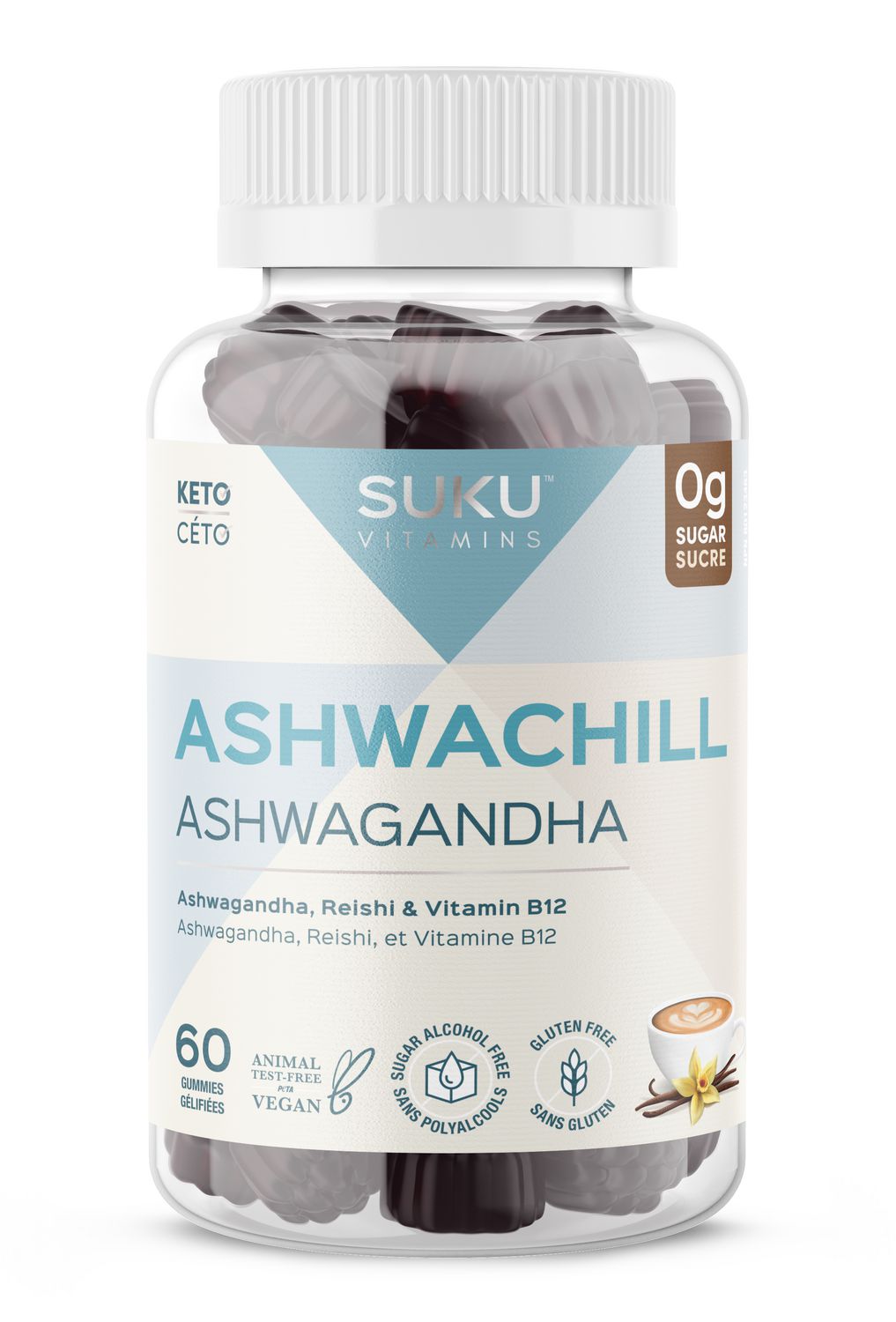 SUKU Vitamins Ashwachill | Ashwagandha Gummy Supplement Sugar Free with Reishi and B12 | 2000MG | Stress Relief, Memory Support, Increase Energy & Sleep Aid With Energy Boosting Vitamin B12, Keto, Vegan gummy Vitamins (60 count)