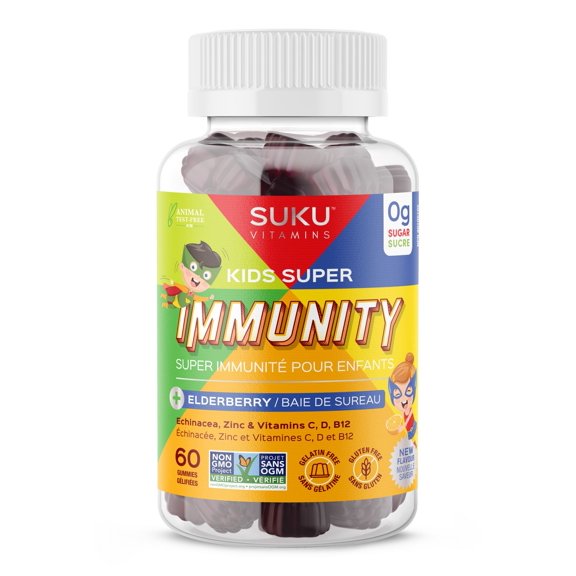 SUKU Vitamins - Kids Super Immunity Gummy, Easy to Chew Immune Support Gummies with Elderberry, Echinacea, Vitamin C and Zinc, Sugar-and-Gluten-Free, Non-Gmo, 60 Count