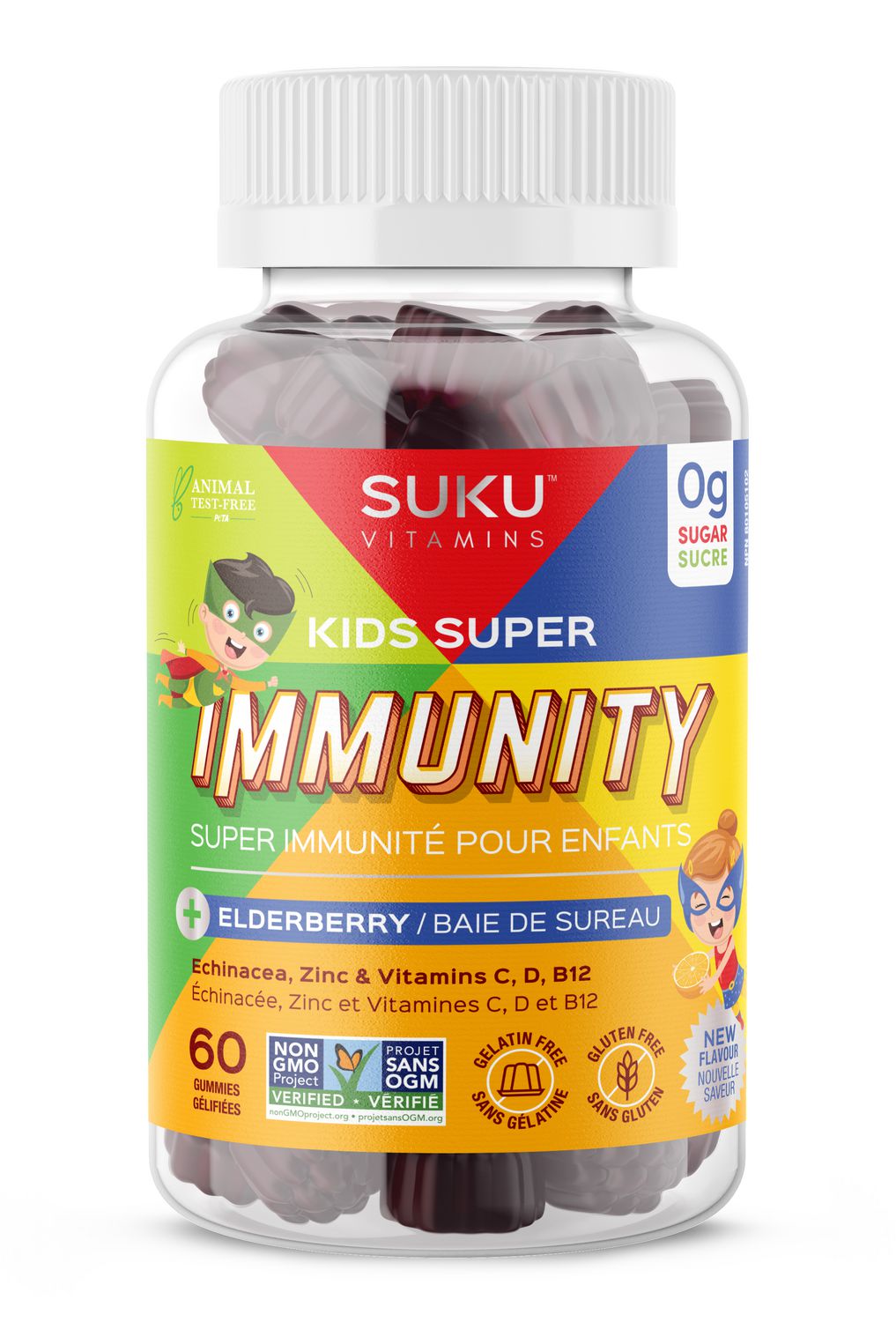 SUKU Vitamins - Kids Super Immunity Gummy, Easy to Chew Immune Support Gummies with Elderberry, Echinacea, Vitamin C and Zinc, Sugar-and-Gluten-Free, Non-Gmo, 60 Count