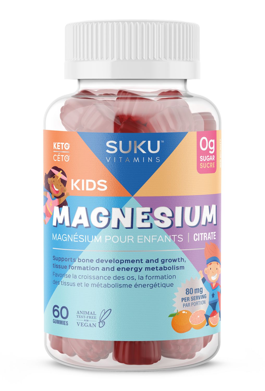 SUKU Vitamins Sugar-Free Kids Magnesium Citrate Gummies | 80mg Magnesium Gummy | For Calmness, Muscle, Heart Health & Tissue Development | Supports Bone Strength | Natural Ingredients | Vegan, Non-GMO | 60 Count