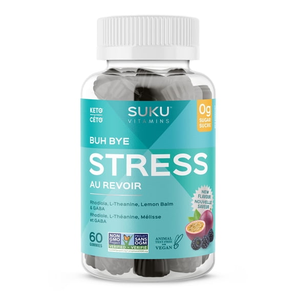 SUKU Vitamins Stress Gummy Supplement, Buh Bye Stress Sugar Free Gummies, with Lemon Balm, L-Theanine, GABA, Keto, Plant-Based, Nut-Free, Helps with Anxiety and Stress Relief, Calm Mood & Stress Support, 60 Gummies