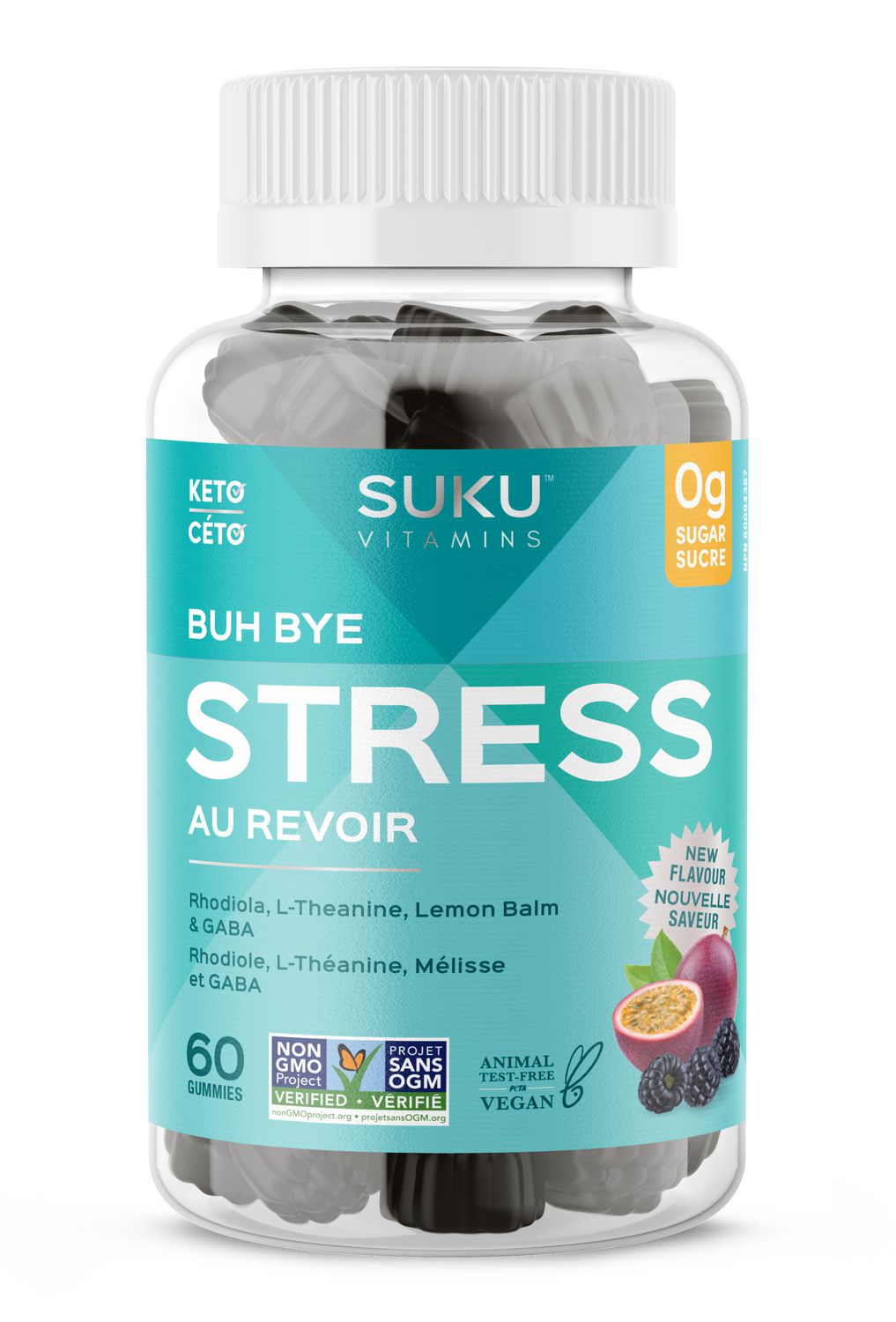 SUKU Vitamins Stress Gummy Supplement, Buh Bye Stress Sugar Free Gummies, with Lemon Balm, L-Theanine, GABA, Keto, Plant-Based, Nut-Free, Helps with Anxiety and Stress Relief, Calm Mood & Stress Support, 60 Gummies
