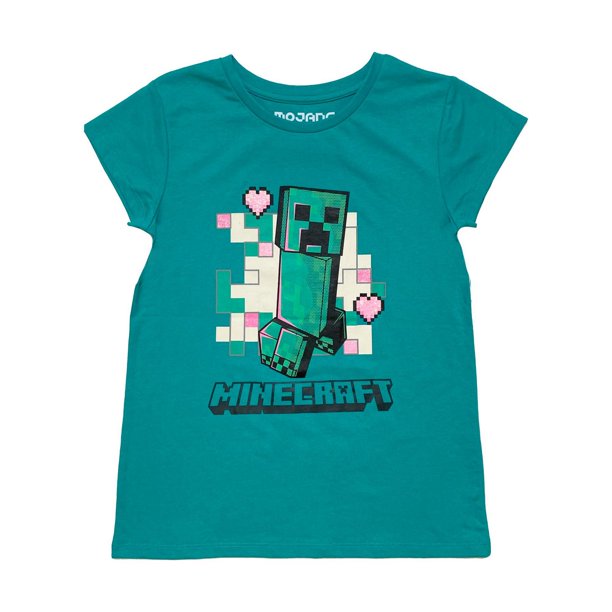 Girl's Minecraft Creeper Face T-Shirt - Green Apple - Large