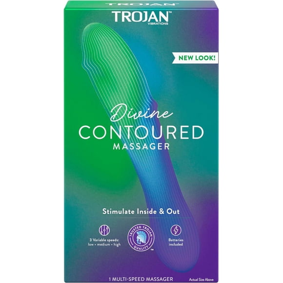 Trojan Vibrations Divine Contoured Massager, Stimulate Inside & Out, 3 Variable Speeds, Batteries Included, Internal and External Stimulation, 1 Count