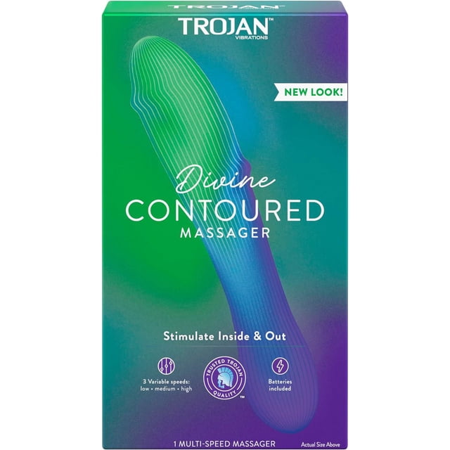 Trojan Vibrations Divine Contoured Massager, Stimulate Inside & Out, 3 Variable Speeds, Batteries Included, Internal and External Stimulation, 1 Count