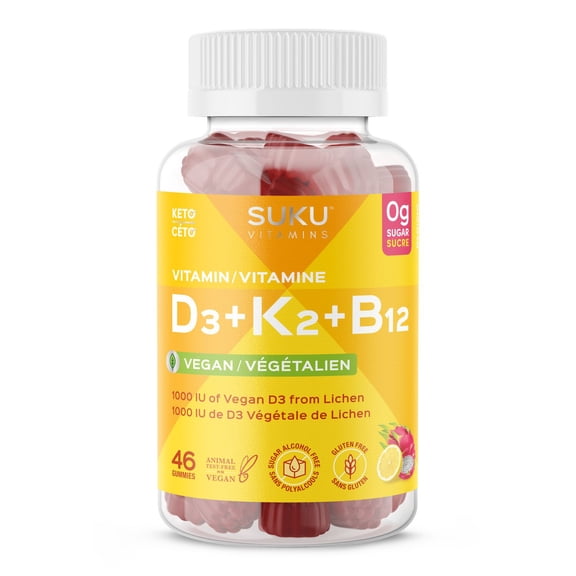 SUKU Vegan D3 + K2 + B12 Bonbons gélifiés – 1000 UI de vitamine D3, B12 méthylée & K2 MK7 – Sans sucre, Non-OGM, Soutien immunitaire & osseux – Saveur citron fruit du dragon – 60 pièces