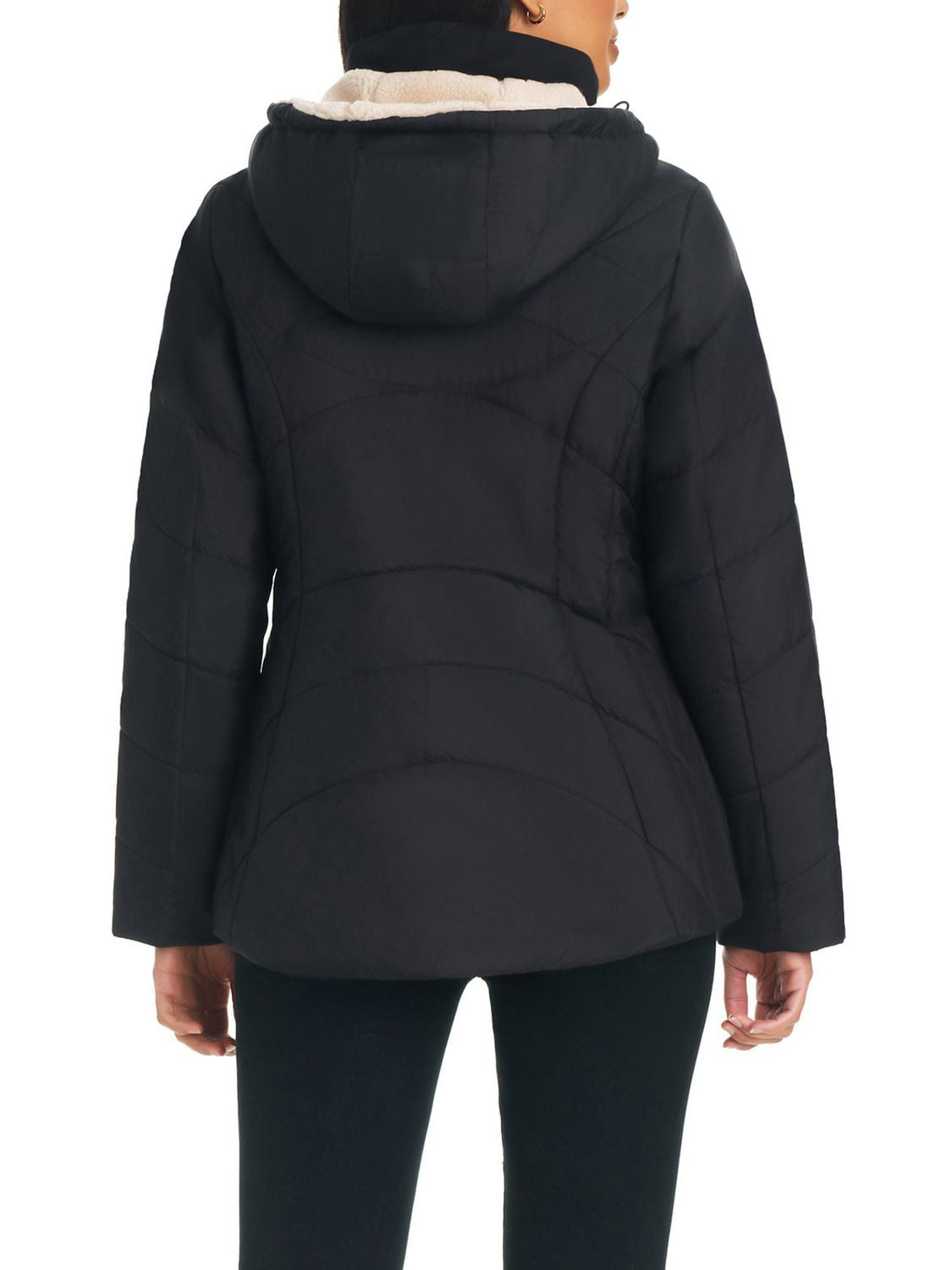 Details Women's Zip Front Bib With Faux Sherpa Hood Puffer Jacket