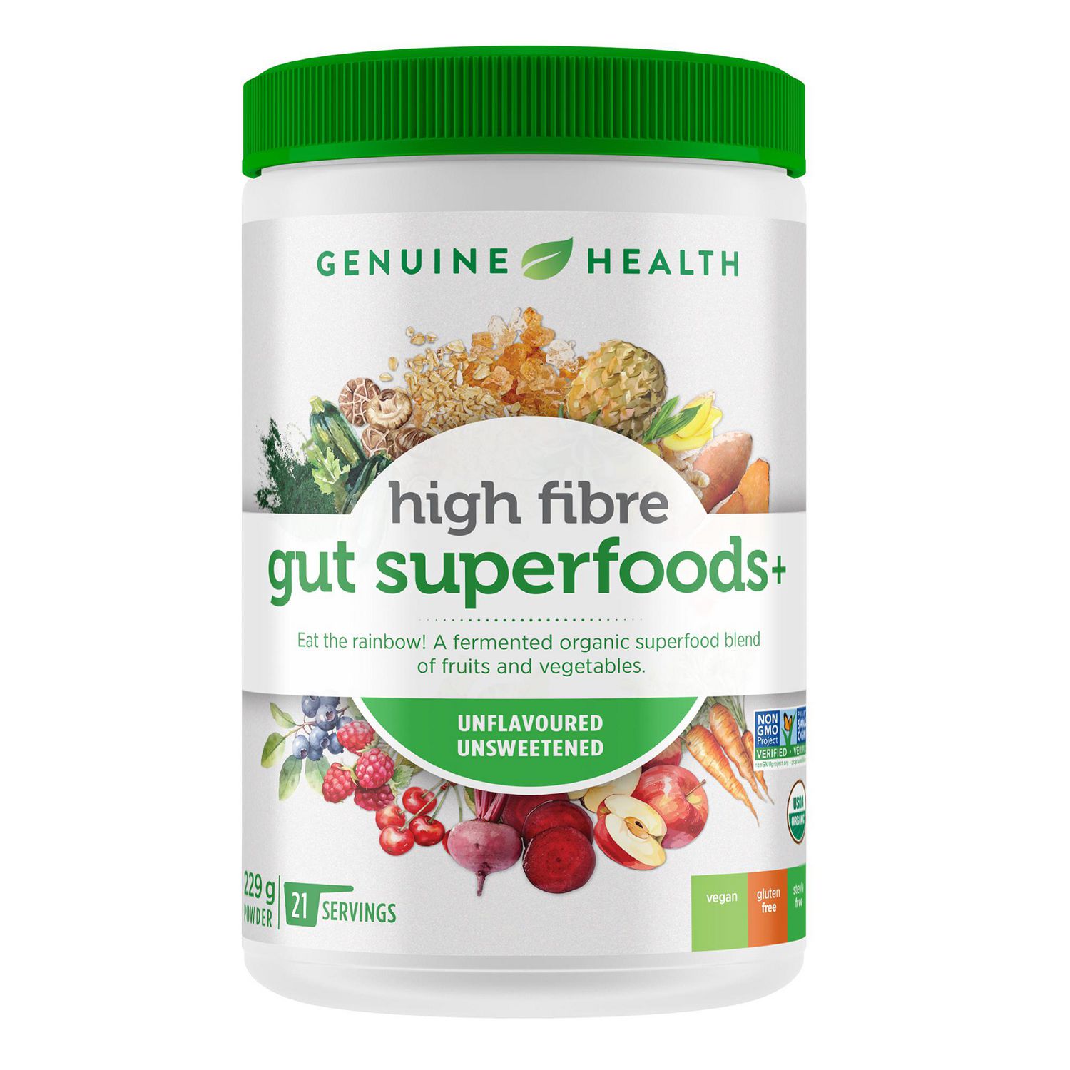 Genuine Health high fibre gut superfoods+ unflavoured unsweetened, stevia free, 21 servings