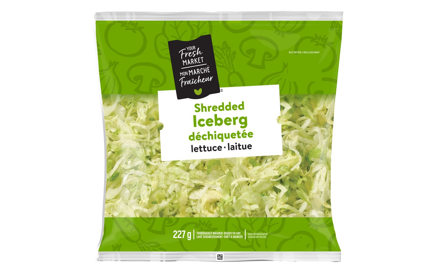 Your Fresh Market Shredded Iceberg Lettuce, 227 g front-facing packaged view showing pale green shredded iceberg strands visible through clear packaging; prewashed, ready-to-eat salad base suitable for tacos, burgers or chopped salads, keep refrigerated.