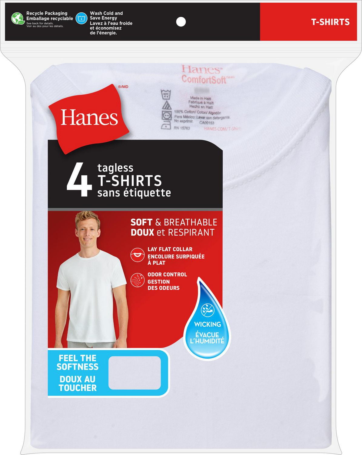 Hanes Men’s Crew-Neck Undershirt Pack, Moisture Wicking, White - 4-Pack