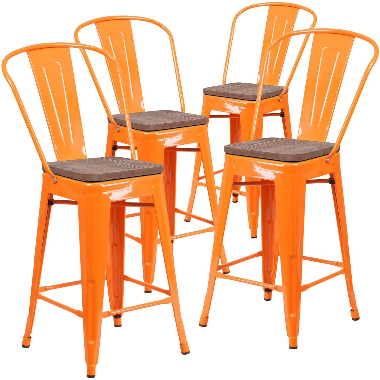 4 Pk 24 High Orange Metal Counter Height Stool With Back And Wood   6000205787851 