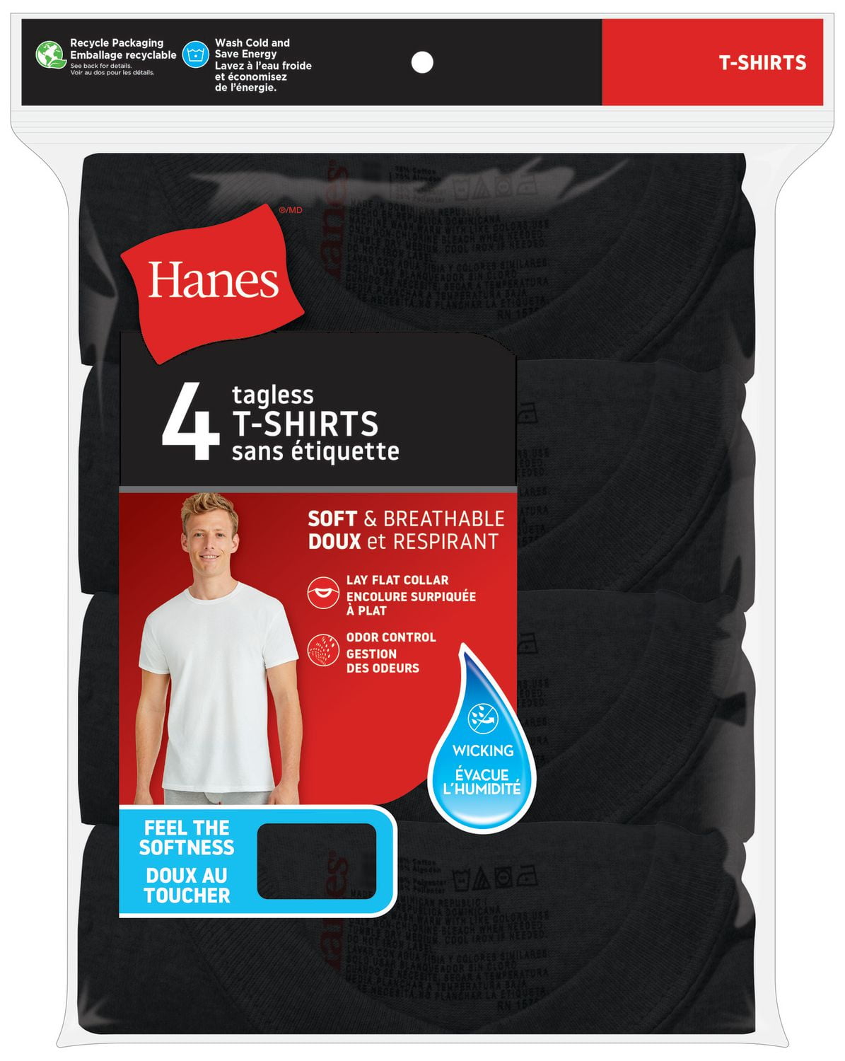 Hanes Men’s Crew-Neck Undershirt Pack, Moisture Wicking, Black - 4-Pack