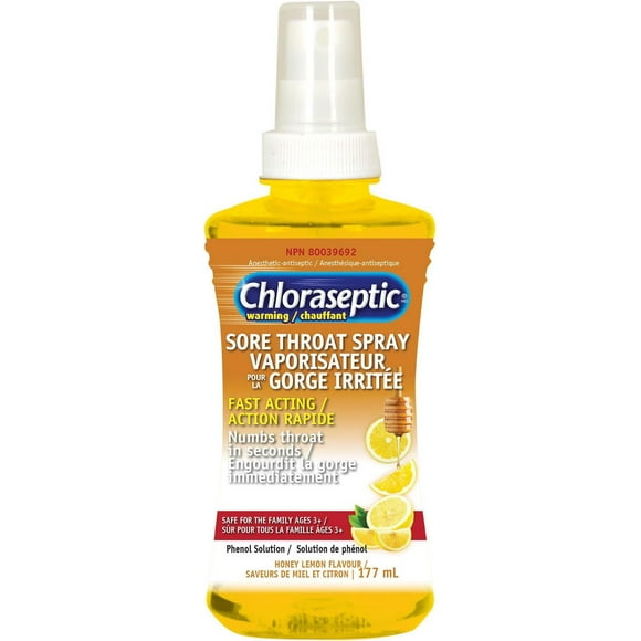 Spray chloraseptique pour maux de gorge, saveur miel-citron réchauffante
