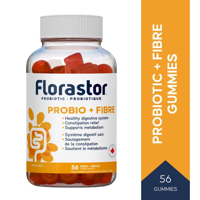 Florastor Probiotic + Fibre Gummies for Digestive Health and Constipation Relief, Peach Lemonade Flavor, 56 Gummies