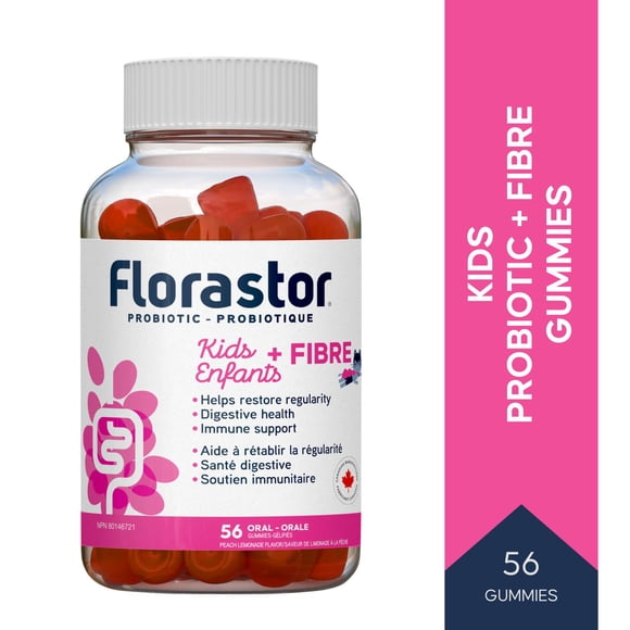 Florastor Kids Probiotic + Fibre Gummies for Digestive Health and Regularity Support, Peach Lemonade, 56 Count, Ages 3+