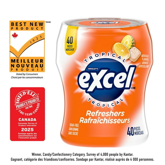 EXCEL Refreshers, Tropical Flavoured Sugar Free Chewing Gum, 40 Pieces, 1 Bottle