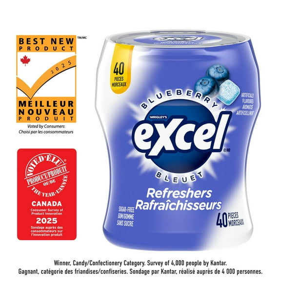 EXCEL Refreshers, Blueberry Flavoured Sugar Free Chewing Gum, 40 Pieces, 1 Bottle