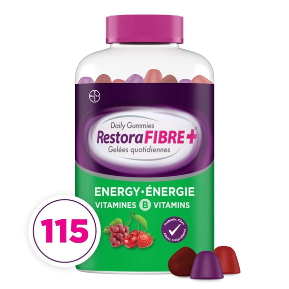 RestoraFIBRE+ Energy Daily Prebiotic Fibre Supplement Gummies for Adults, Promotes Regularity & A Healthy Digestive System & Supports Energy Metabolism, Packed with B Vitamins