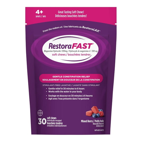 RestoraFAST Soft Chews, Fast Acting Laxative, Stimulant Free, Gentle Constipation Relief for Adults and Kids Age 4+, Mixed Berry Flavour
