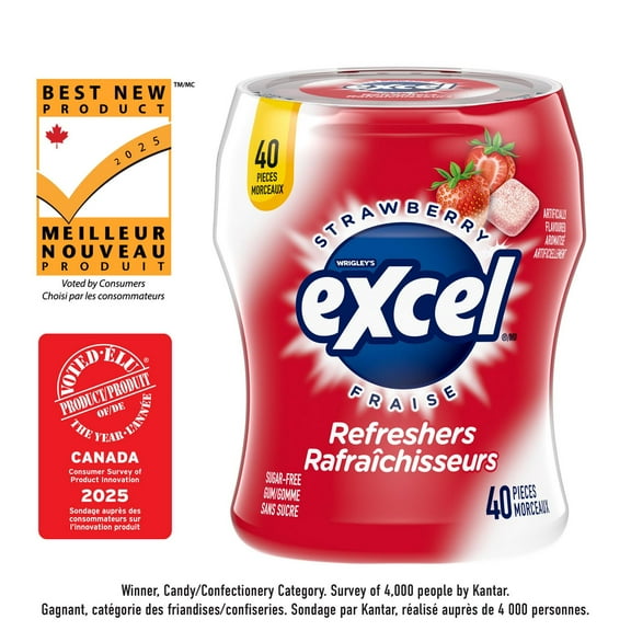 EXCEL Refreshers, Strawberry Flavoured Sugar Free Chewing Gum, 40 Pieces, 1 Bottle