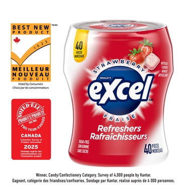 Rafraîchisseurs EXCEL, saveur de fraise, gomme sans sucre, 60 morceaux, 1bouteille