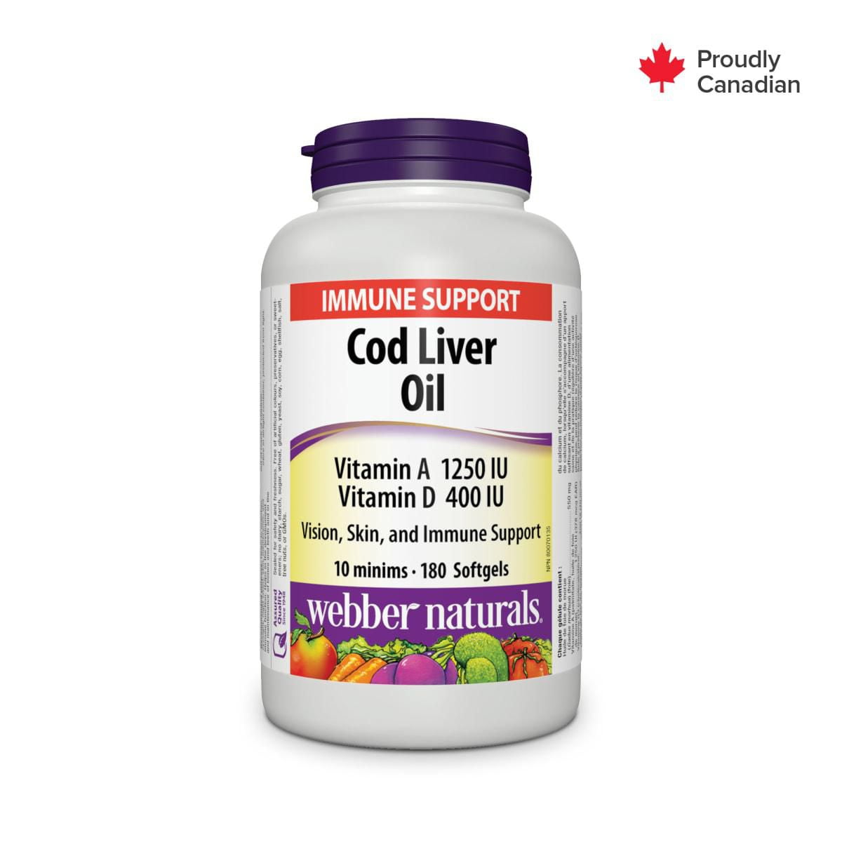 Webber Naturals Webber Naturals® Cod Liver Oil Vitamin A and Vitamin D, Helps maintain immune function, 180 Softgels