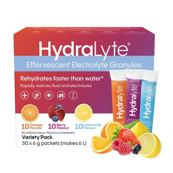 Hydralyte Granulés d'électrolytes, sachets d'électrolytes à faible teneur en sucre, 30 portions, variété classique (10 sachets de chaque saveur : orange, baies et limonade)