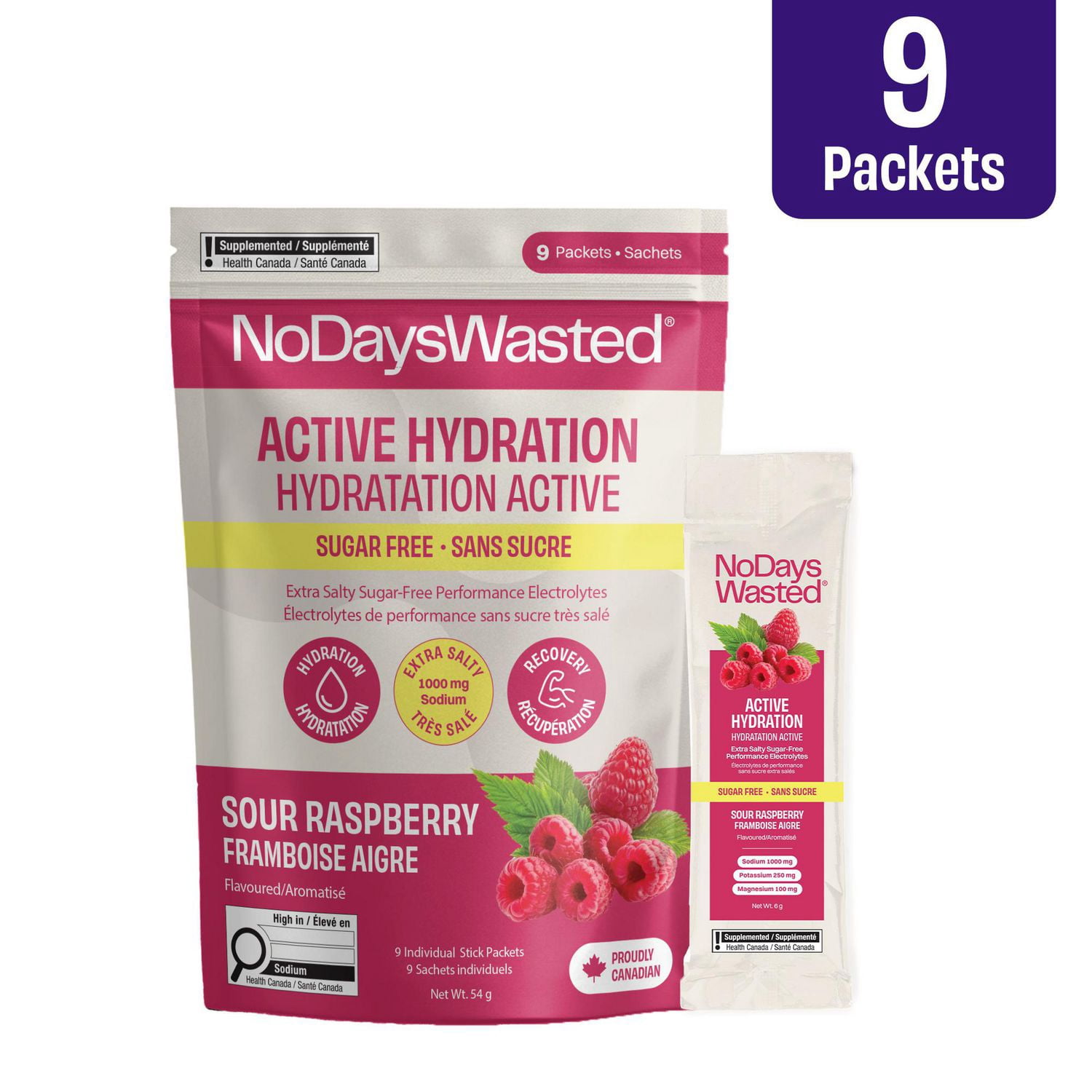No Days Wasted Active Hydration Sugar-Free Electrolyte Drink Mix – Sour Raspberry – Hydration Powder Packets with Sodium, Potassium & Magnesium – 9 Sticks