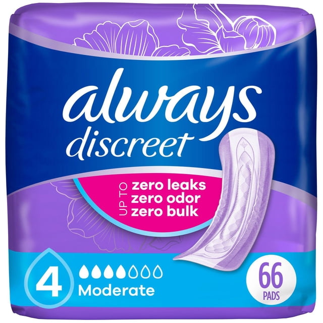 Always Discreet Adult Incontinence Pads for Women, Moderate Absorbency, Regular Length, Postpartum Pads