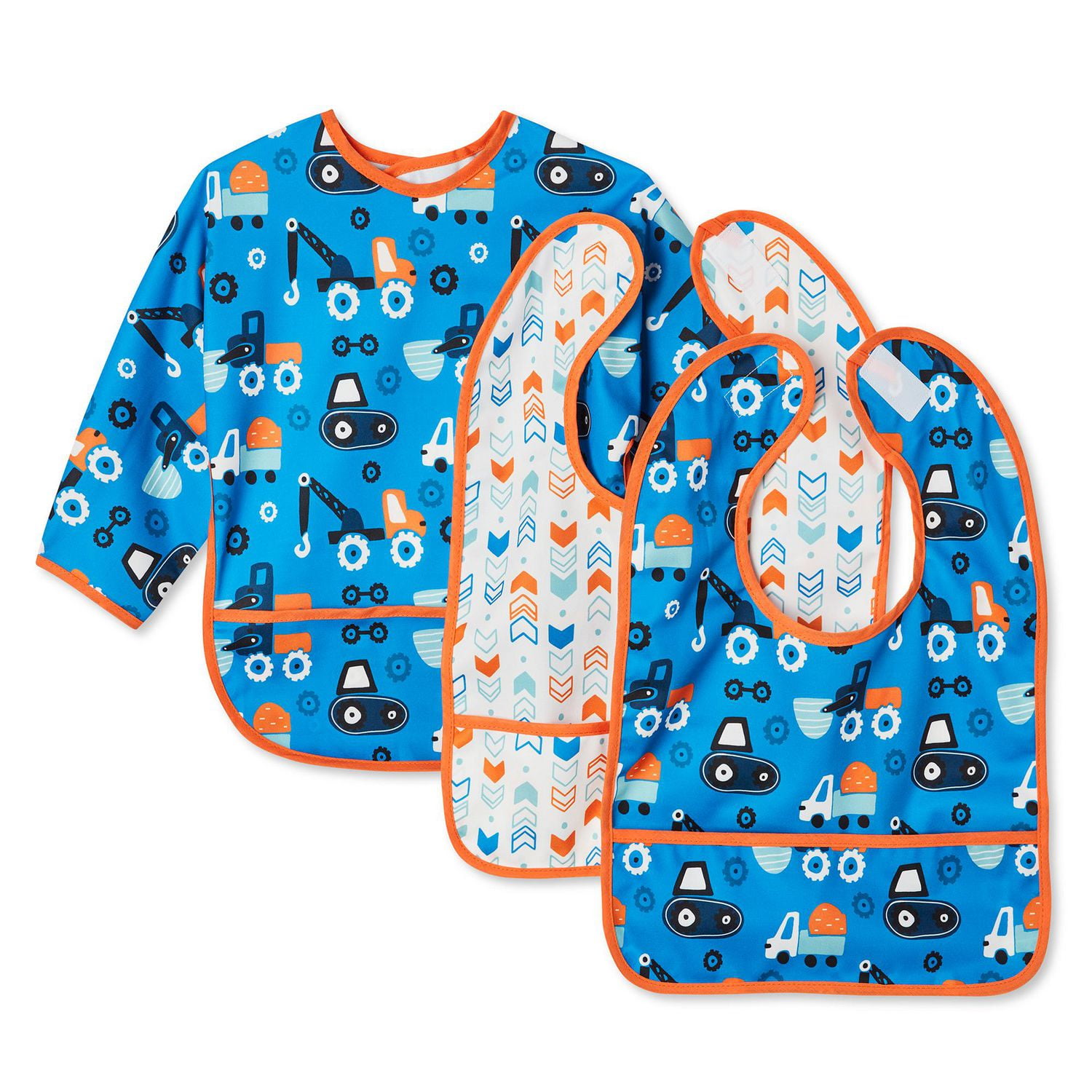 George Baby Baby Bibs, Water resistant, Washable, Stain and Odor resistant, 3 Pack includes 1 oversized coverall bib for more coverage, Trucks