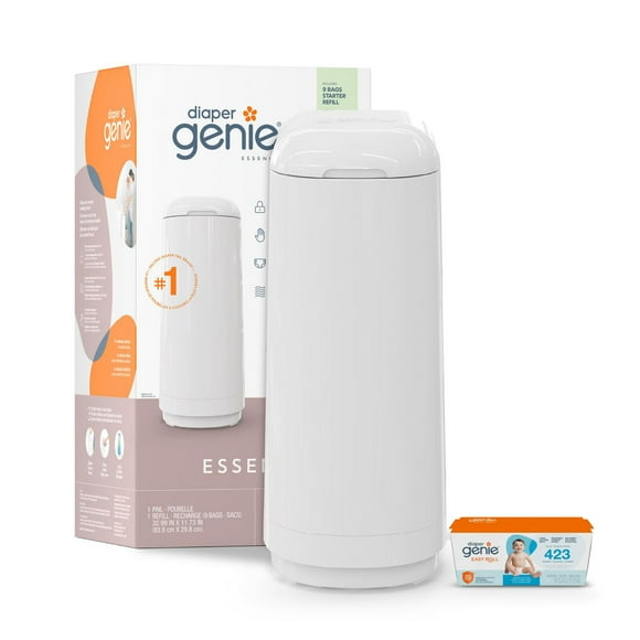 Diaper Genie Essence Pail, White includes 1 Easy Roll starter refill that contains 9 easy-tear off bags., Diaper Genie Essence Pail, 9 bags